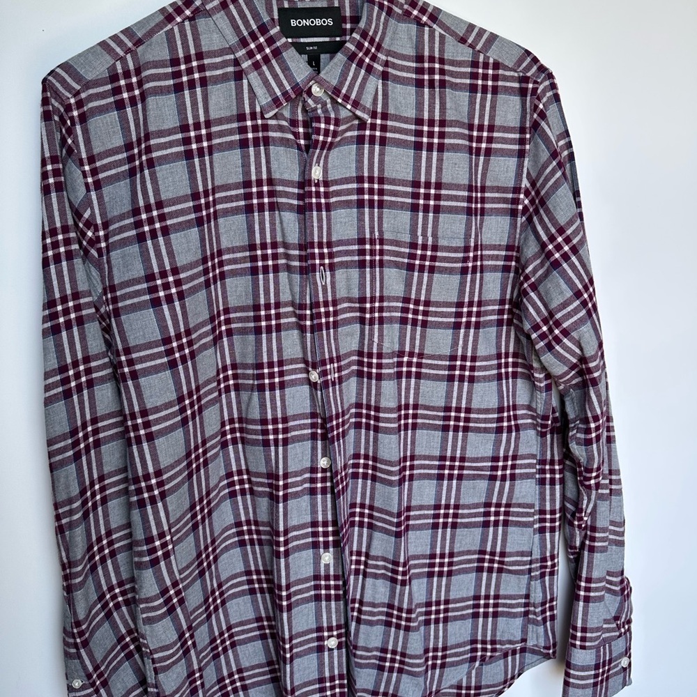 Bonobos Men's Burgundy and Gray Plaid Shirt 100% cotton
